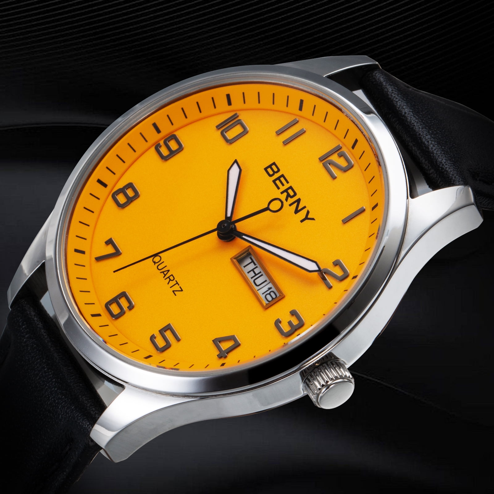 BERNY Modern Quartz Watch for Men Casual Easy Read Wristwatch with Arabic Numeral Watch Dial, Genuine Leather Strap and Day & Date Calendar