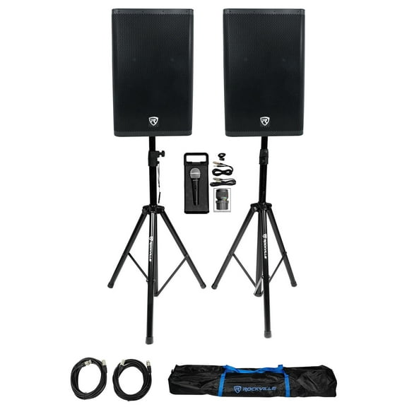(2) Rockville DX15 15" 2000 Watt Powered DJ PA Speakers Mic Stands Cables Bag