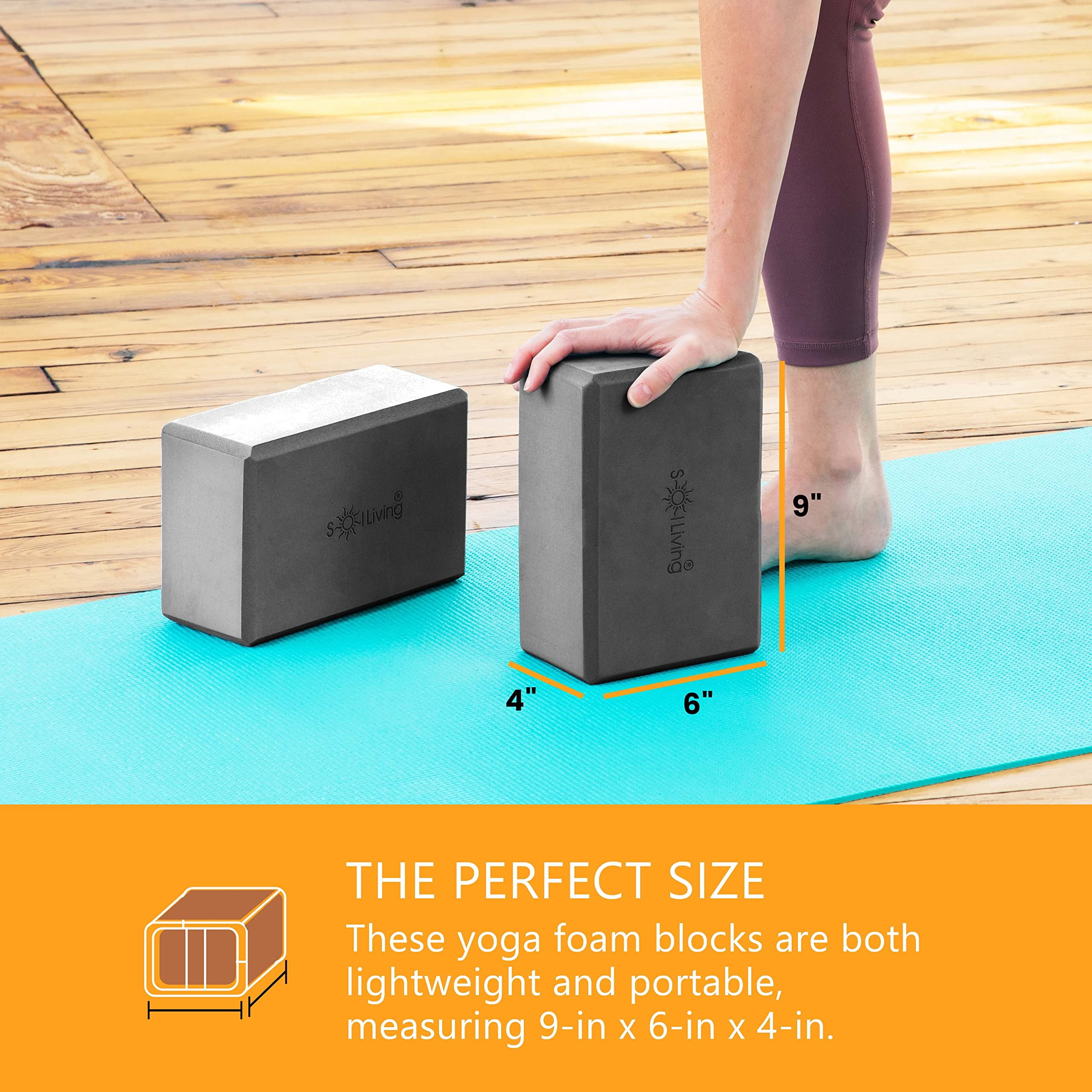 Sol Living Yoga Blocks 2 Pack High Density EVA Foam Yoga Cushion Stretching Pilates Meditation Exercise Equipment Support Deepen Poses Odor Free Non Slip Yoga Accessories - 4" x 6" x 9"- Black