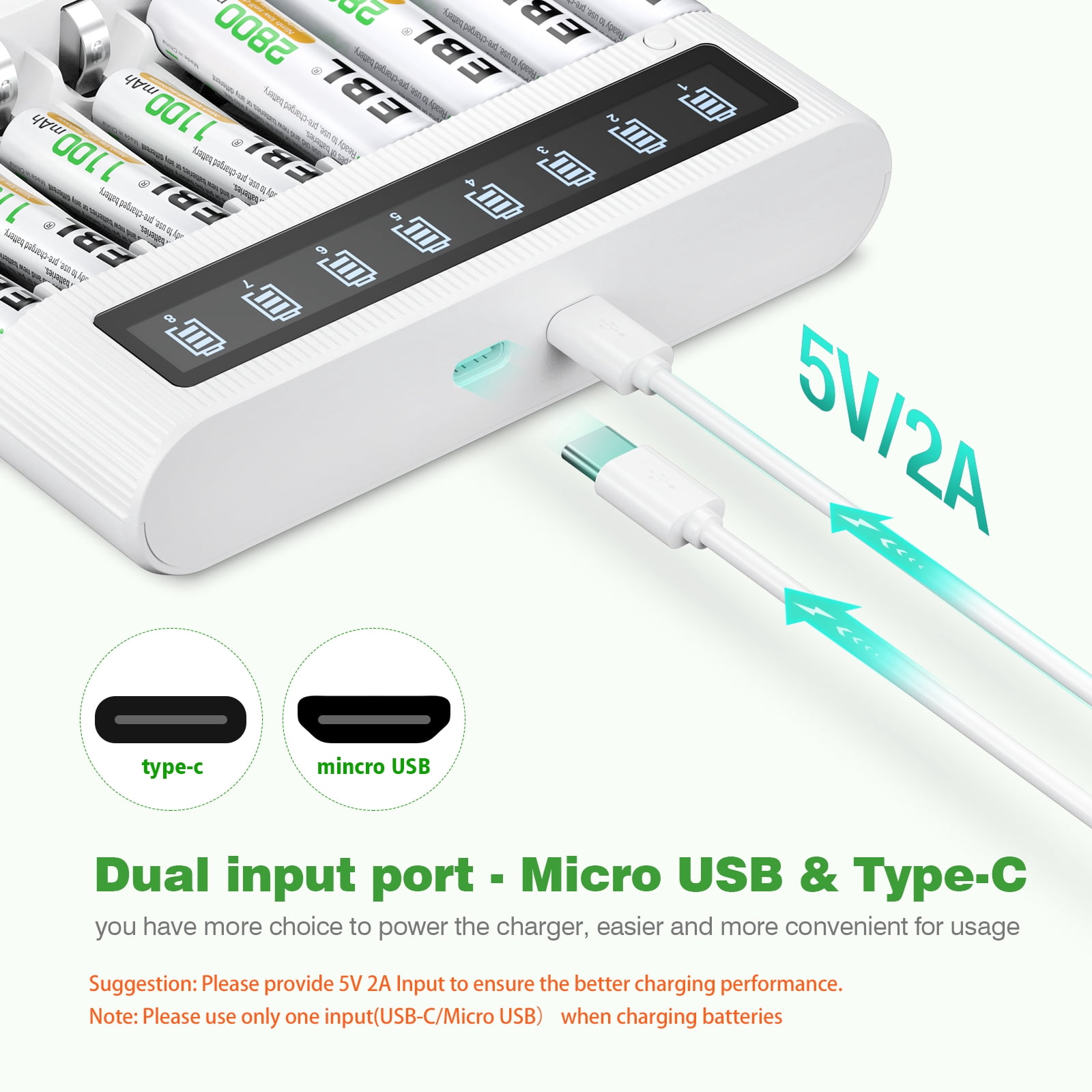 EBL 4-Pack Rechargeable AA Batteries (NiMH 2800mAh  1100mAh) AAA Batteries + Smart LCD 8 Bay Battery Charger