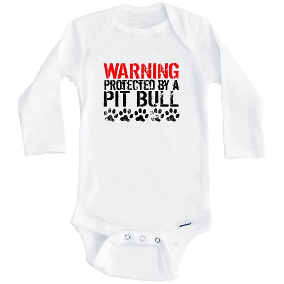 Warning Protected By A Pit Bull Funny One Piece Baby Bodysuit Funny Dog Baby Bodysuit (Long Sleeve), 0-3 Months White