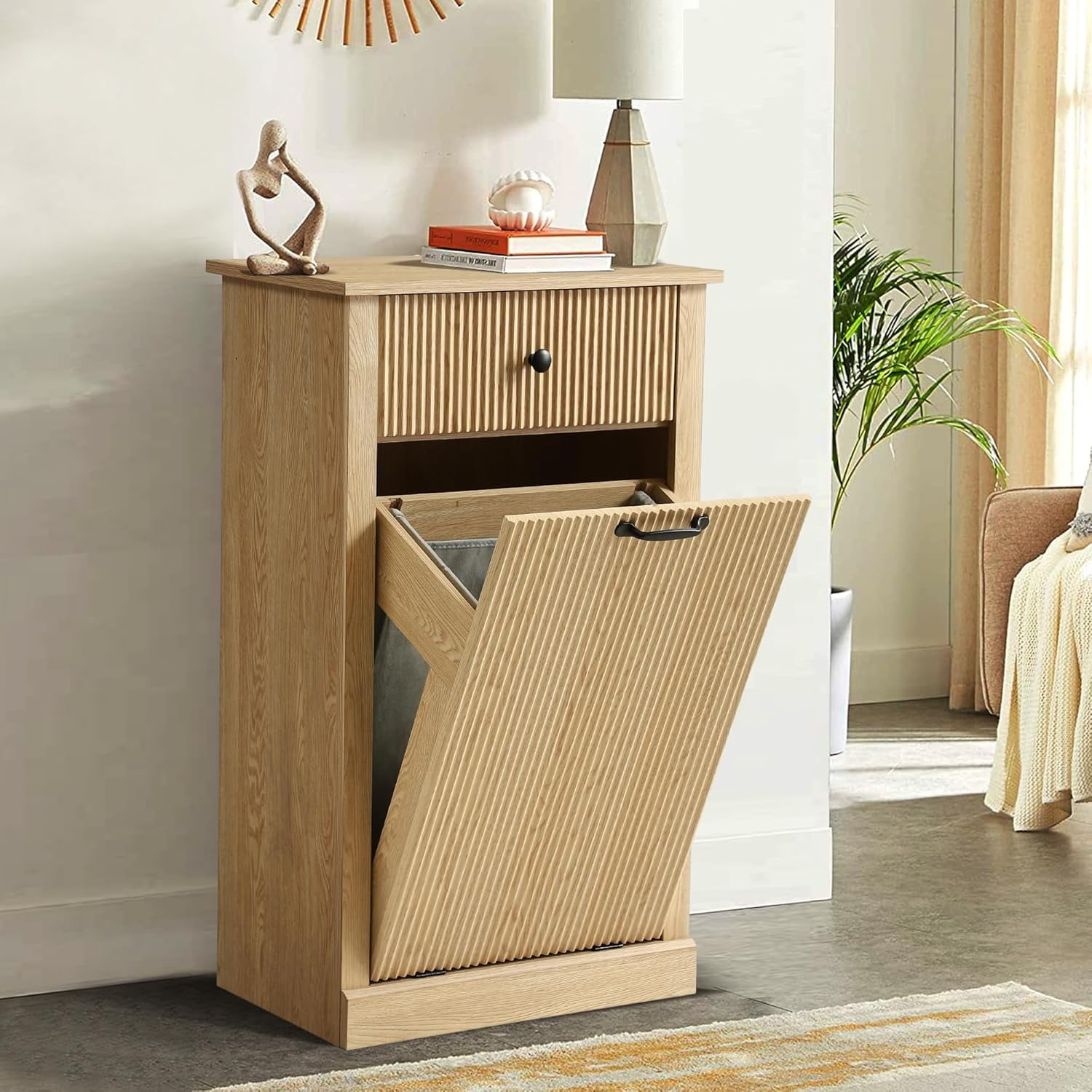 Haverchair 35.8" H Tilt Out Laundry Hamper Cabinet, Modern Fluted Trash Can Cabinets with Drawer, Wooden Hidden Garbage Cabinet for Kitchen and Bathroom