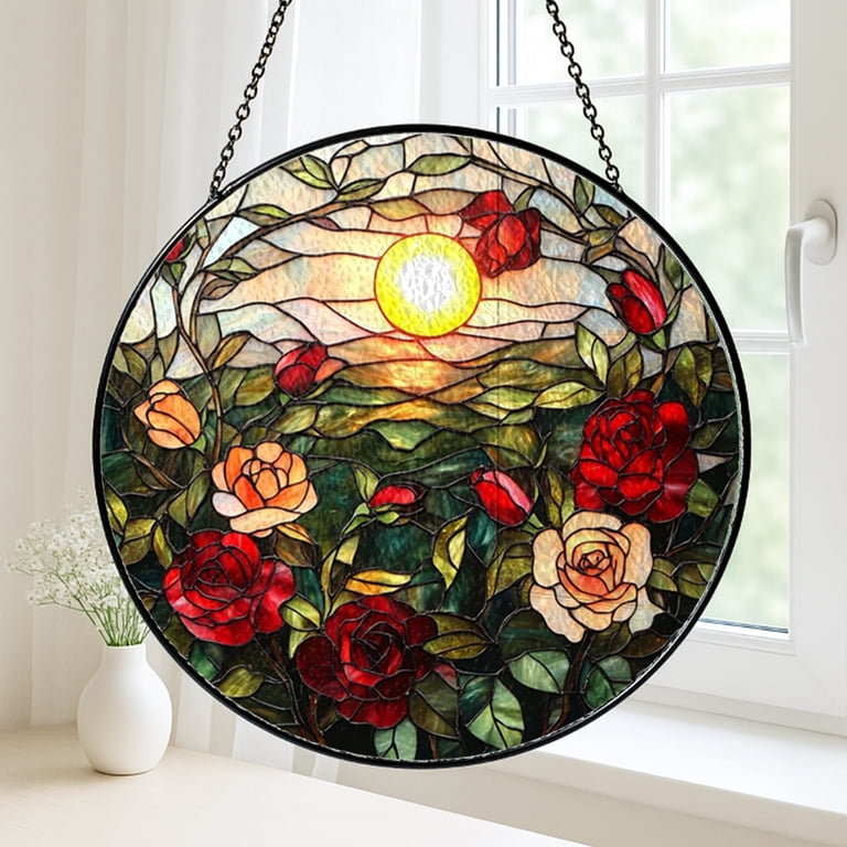 Art Nouveau Rose Stained Glass Suncatcher Botanical Garden Window