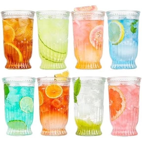Vintage Drinking Glasses, 8 pcs Embossed Designed Highball Glasses, 16oz Glass Cups, Tall Water Glass Tumbler, Mojito Cup, Cocktail Glass, Vintage Glassware Set for Juice, Cocktail, Whiskey
