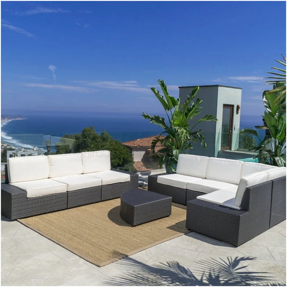 PE Rattan Outdoor Sofa Set 8-Piece Sectional with Table, Dark Brown