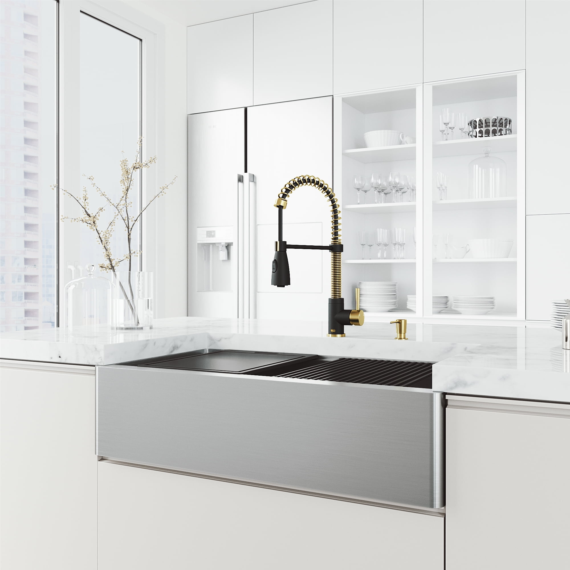 36 in. Apron Front Stainless Steel Farmhouse Kitchen Sink and Faucet in Matte Brushed Gold and Matte Black