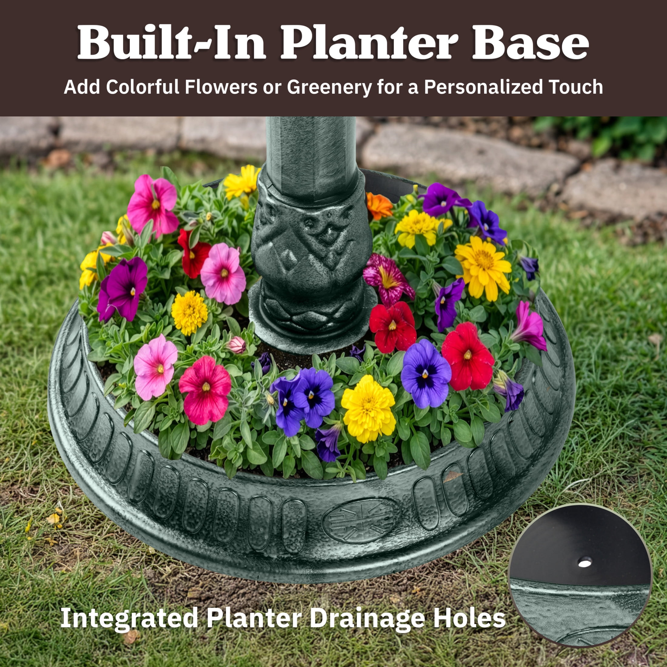 Pure Garden 28” Tall Pedestal Bird Bath for Outside with Flower Planter Base, Green Patina