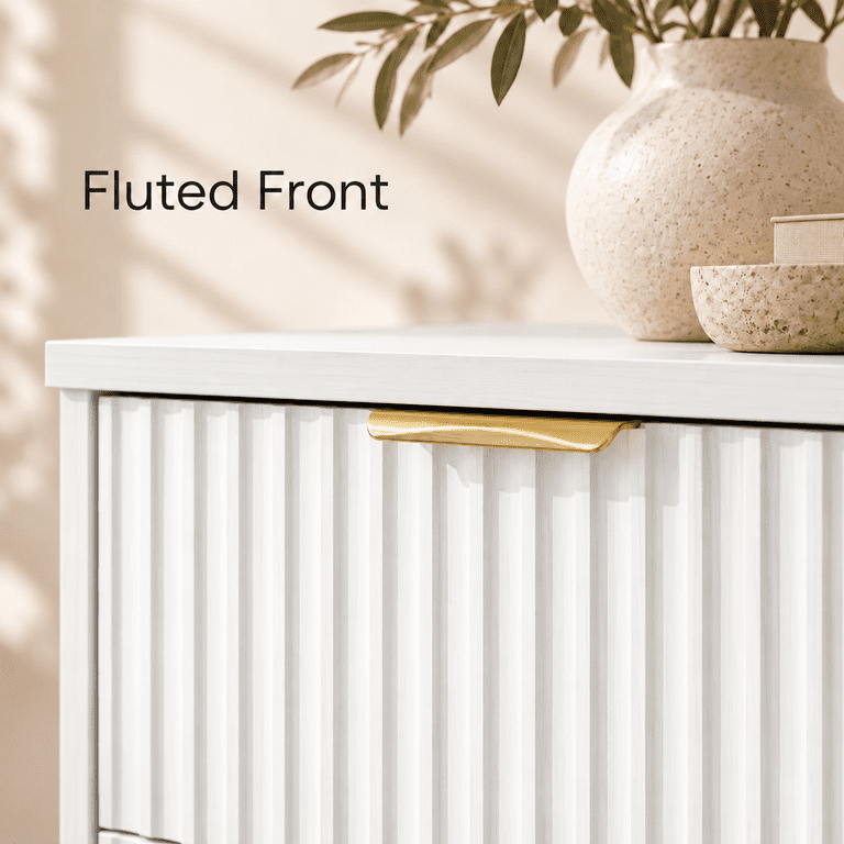 Lacoo 6 Drawer Dresser, 47'' Wide Fluted Dresser with Gold-Tone Handles, Wood Storage Chest with Smooth Glides, Modern Low Dresser for Bedroom, Living Room, White