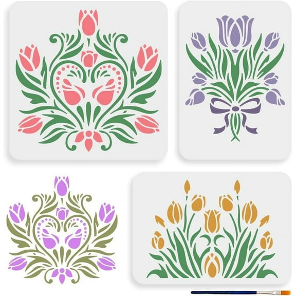Tulip Stencils for Painting 11.8 x 11.8 inches 3 Piece Set with Paint Brush for Home Wall Wood Decor