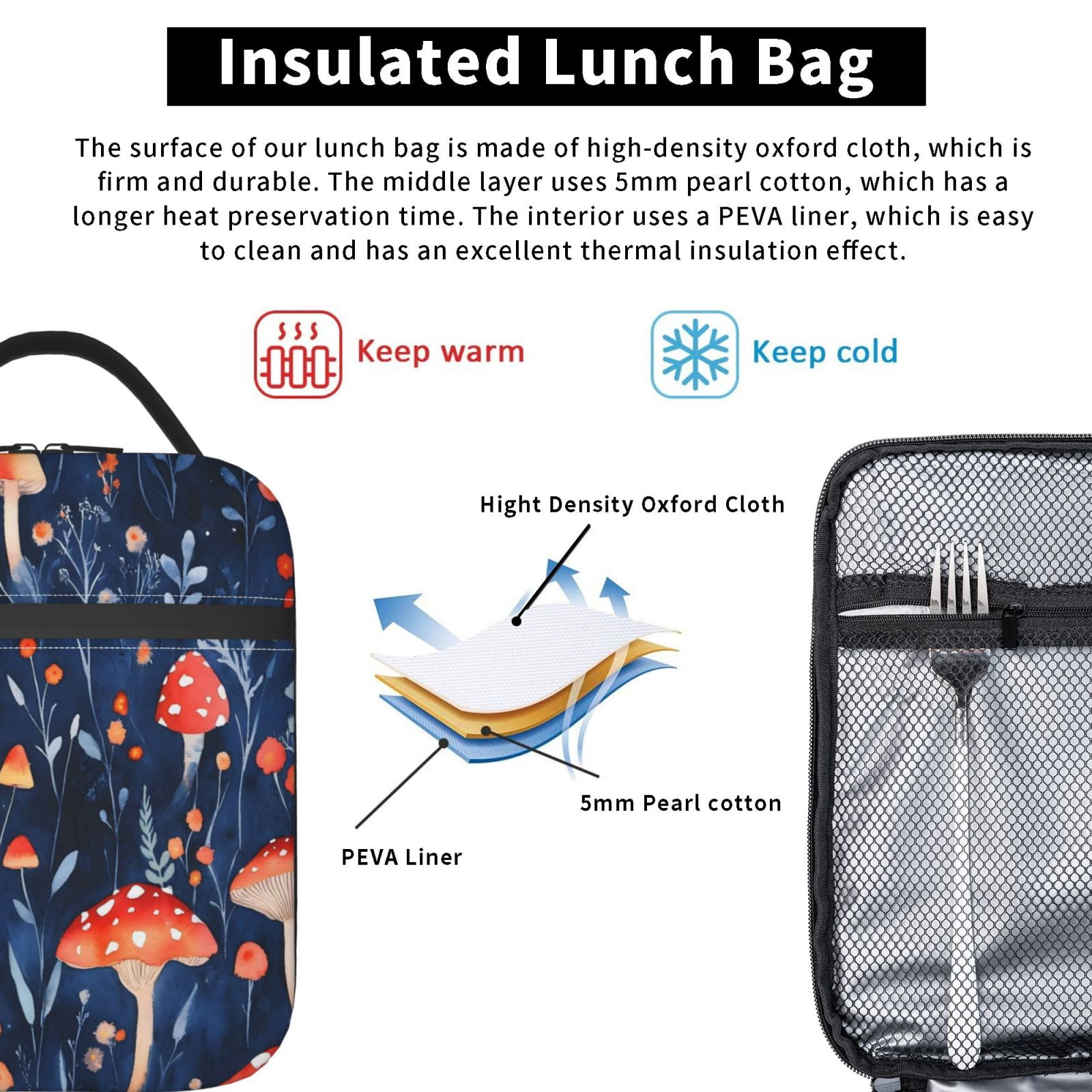 Lunch Bag For Women Men Insulated Portable Lunch Box Bento Box Office Picnic Travel Cooler Bag Red Mushrooms Coprinopsis Atramentaria