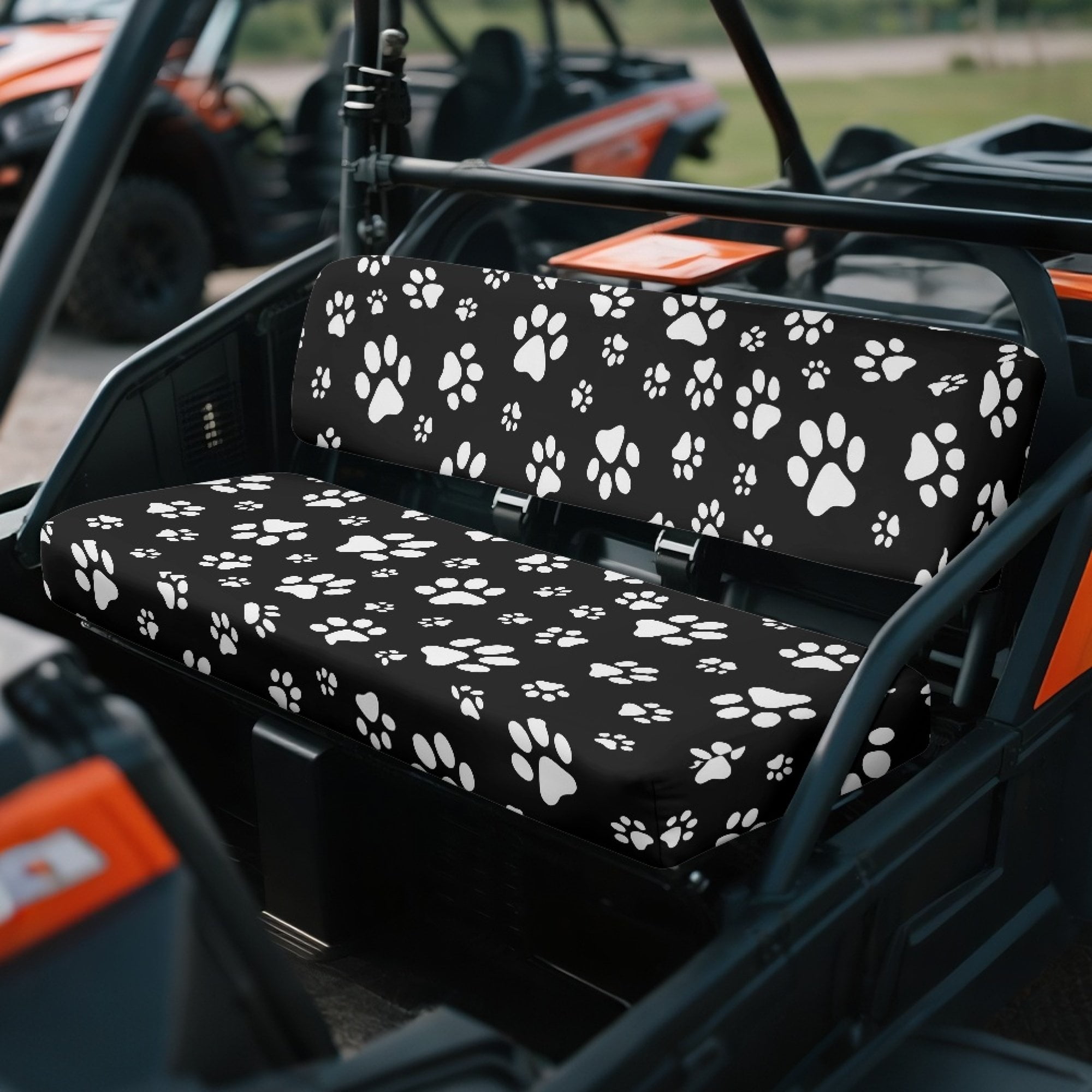ZIATUBLES Universal UTV Seat Covers 2 Pack, Front Bench Seat Protector Set Compatible with Kawasaki Mule 4010 3010, All-Weather Polyester Deocr Protection, Black Paw Print