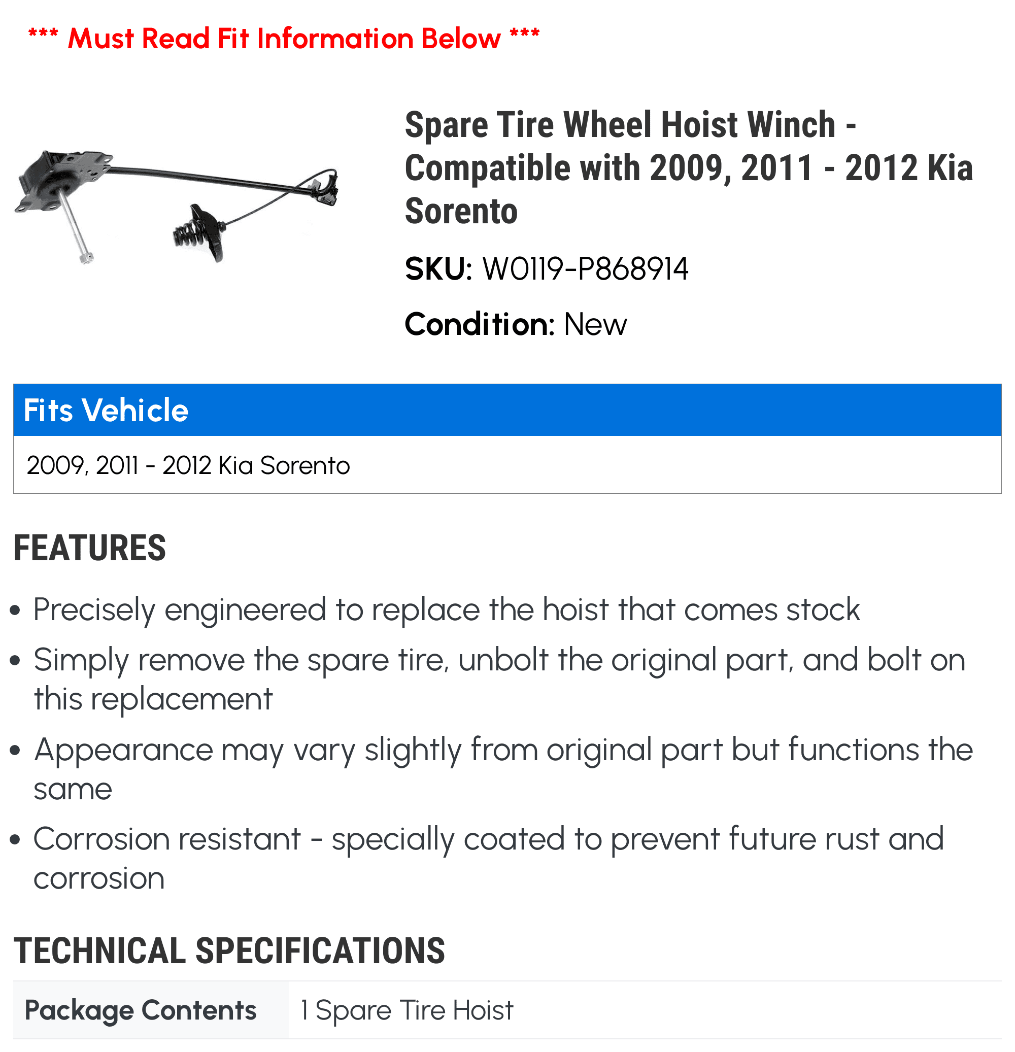 Wheels, Tires & Parts For 2009 20112012 Kia Sorento Spare Tire Hoist Dorman 76163JR Spare Tire
