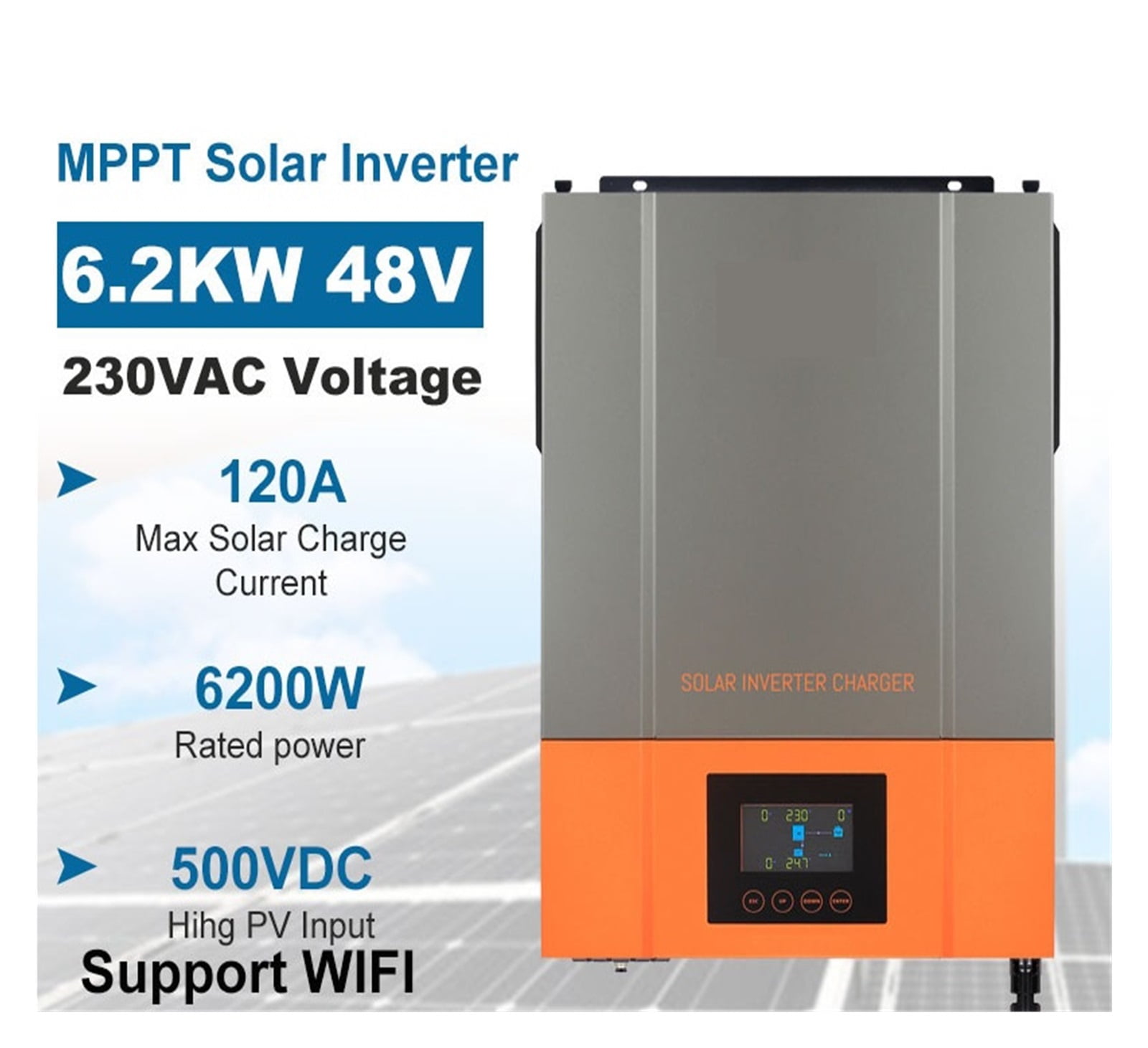 6.2KW Hybrid Solar Inverter Pure Sine Wave Inversor 48V 230VAC PV Input Max 500vdc MPPT 120A Solar Controller Support Li ,Wide Use