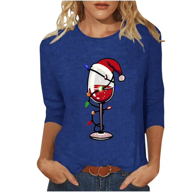 Pisexur T-Shirts de Noël pour Femmes Décontractés pour les Fêtes, Blouses Imprimées Verre de Vin Rouge, Col Rond, Manches 3/4, Chandails Mode d'Automne