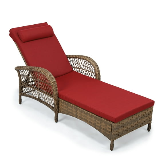 OUINCH Outdoor Wicker Lounge Chair with Cushion, 6-Position Adjustable Patio Chaise Lounge, All Weather Lay Flat Pool Sunbathing Recliner Chair, Armrest and Head Pillow, Fade-Resistant, Red