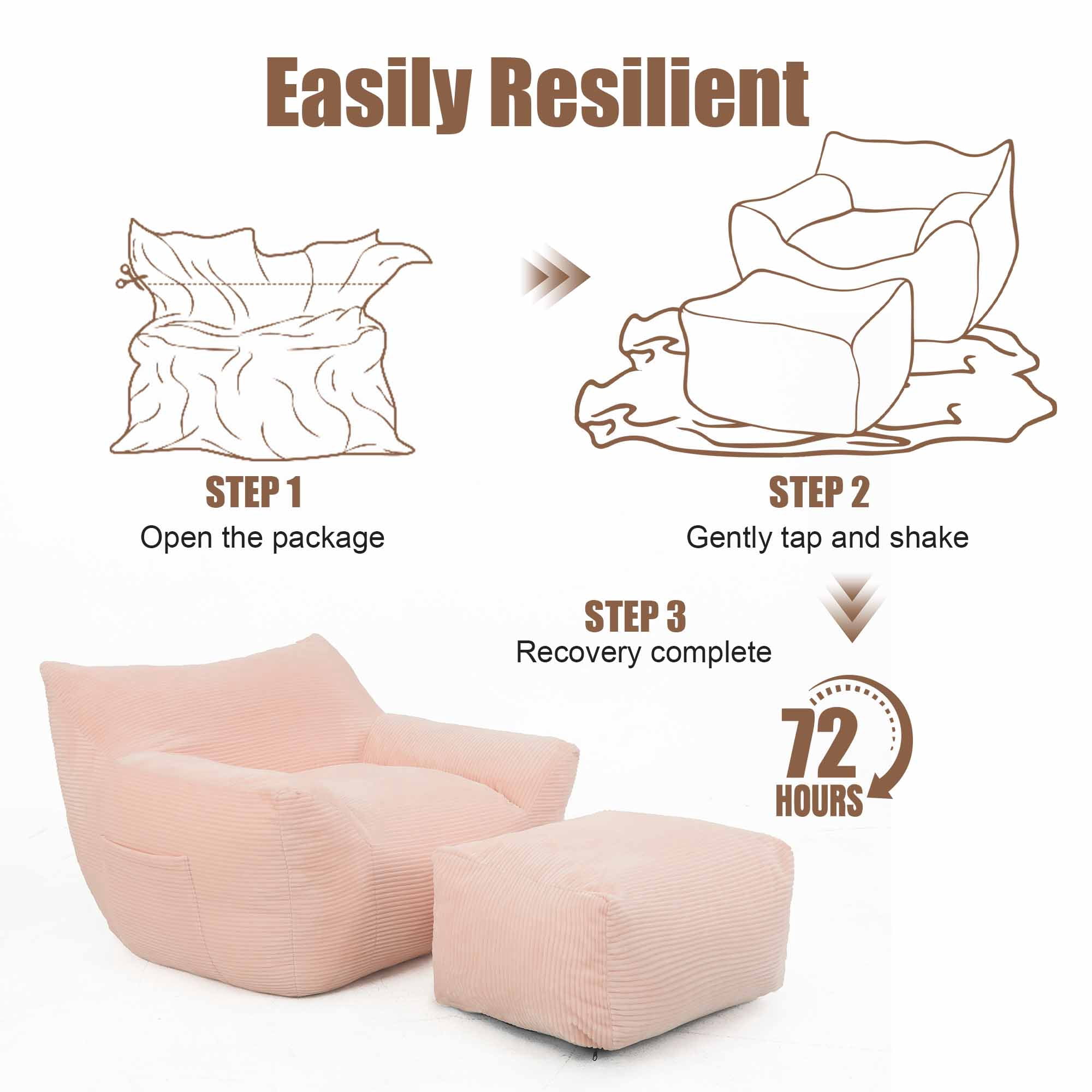 Lunale Oversized Bean Bag Chair with Ottoman, Boneless Lazy Sofa Chair for Bedroom, Living Room, Pink Corduroy