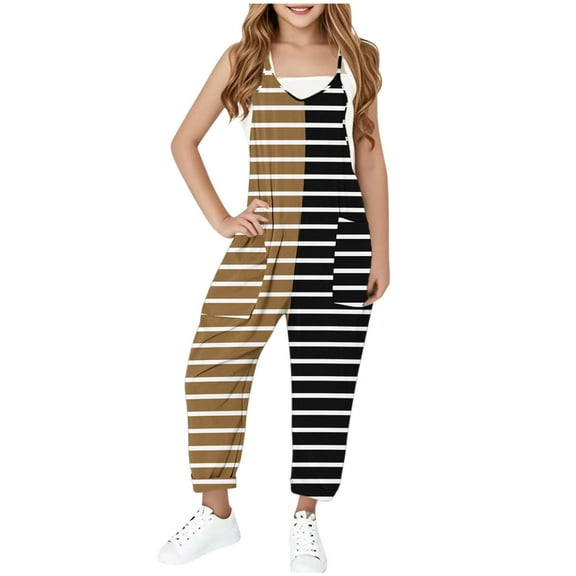 Sentmoon Jumpsuits for Girls Dressy Spaghetti Strap Sleeveless Loose Rompers V Neck Stripe Print Summer Outfits with Pockets Fashion Kids for Music Festival Brown 9 Years