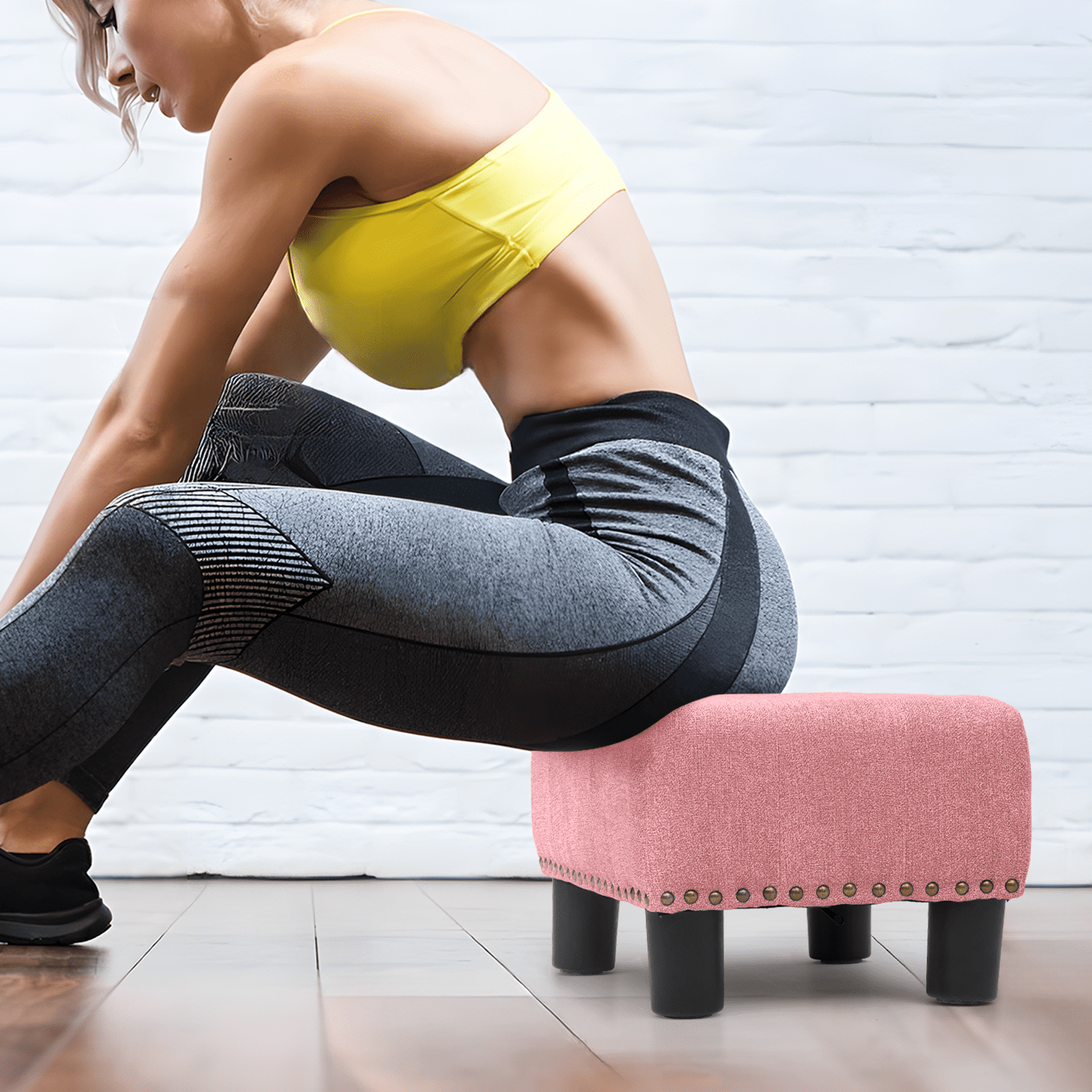 Magshion Foot Stool Ottoman with Padded Seat, Modern Cotton-linen Footrest, Rectangular Seat Stool, Pink