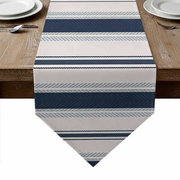 Navy Blue Beige Table Runner Linen Burlap Table Runner 120 Inches Long Retro Simple Abstract Vertical Stripes Dresser Scarves for Kitchen Island Coffee Dining Room Party Holiday Decoration 13"x120"