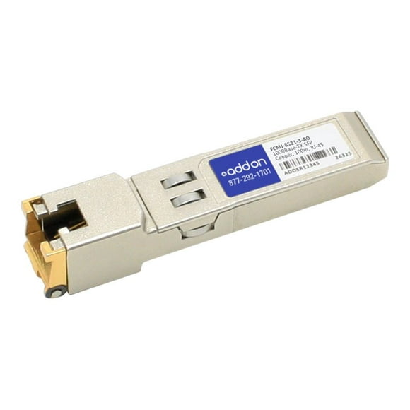 AddOn Finisar FCMJ-8521-3 Compatible SFP Transceiver - SFP (mini-GBIC) transceiver module - GigE - 1000Base-T - RJ-45 - up to 328 ft