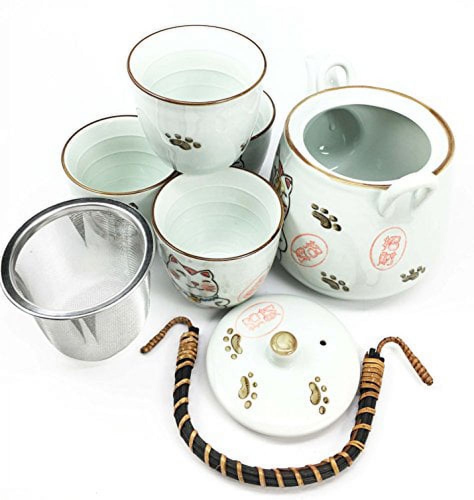 Japanese Design Maneki Neko Lucky Cat White Ceramic Tea Pot and Cups Set Serves 4 Beautifully Packaged in Gift Box Excellent Home Decor Asian Living Gift for Chefs Moms And Sushi Enthusiasts - image 3 of 3