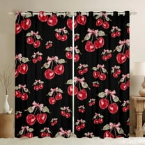 Homewish Watercolor Cherry Black Out Curtains for Girls, Kawaii Bowtie Curtains Pack of 2 (42x63 Each), Tropical Fruit Leaves Bedroom Curtains, Black Red Bedroom Decor