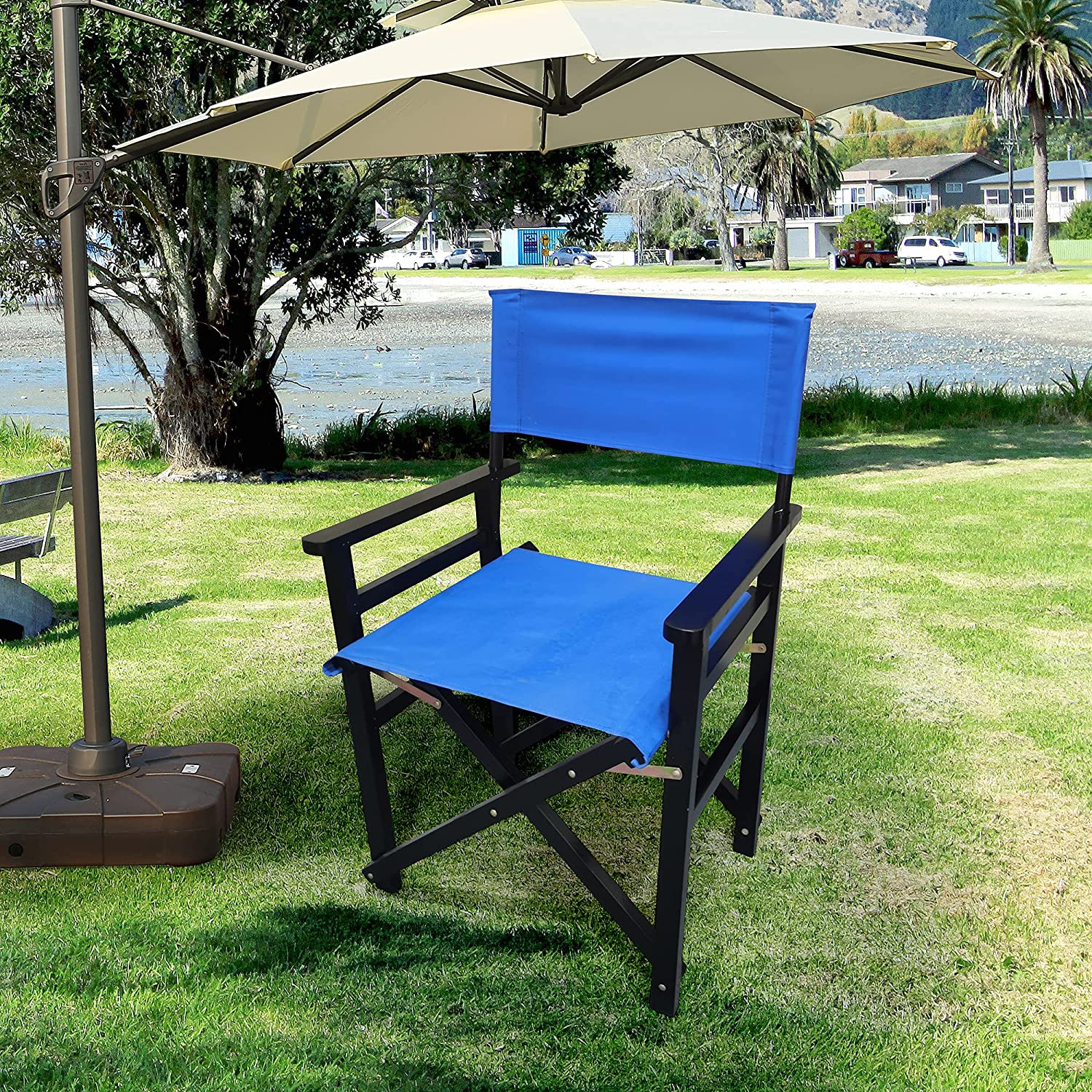 2 PCS Wooden Folding Director Chair, Outdoor Folding Wood Chair Set, Canvas Folding Chair for Balcony, Courtyard, Fishing, Camping (Blue) - image 2 of 15