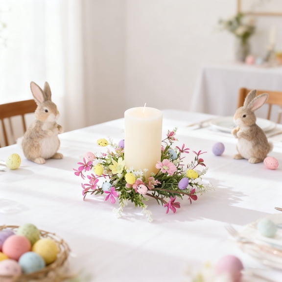 Cadancy Easter Candle Holder Wreath Centerpiece, Artificial Floral Garland Spring Table Decor for Dining Room, Holiday Decoration Table Mantle Shelf Display