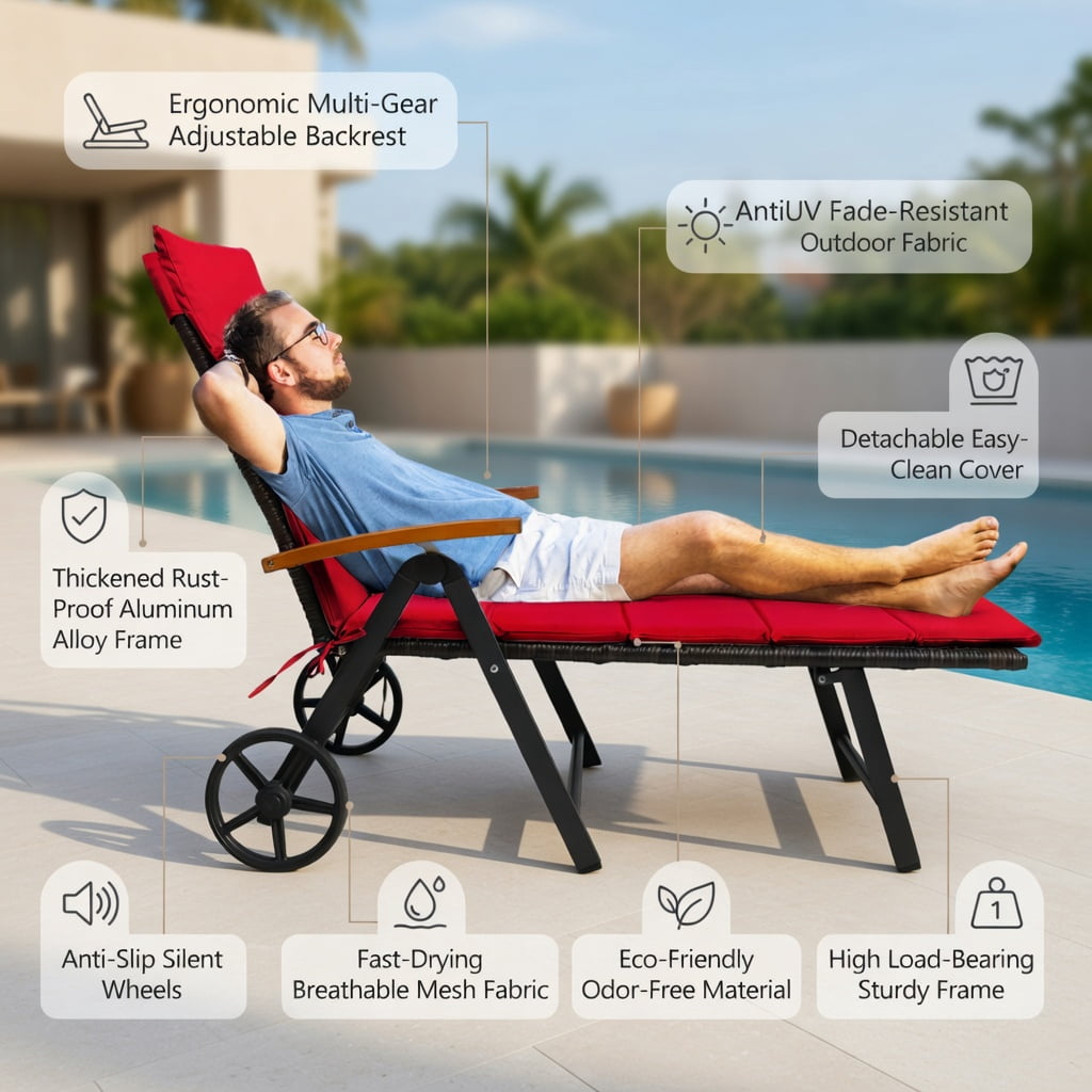 Hommoo Adjustable Folding Outdoor Rattan Lounge Chair with 2 Wheels, PE Wicker Recliner for Patio, Pool & Beach, Red