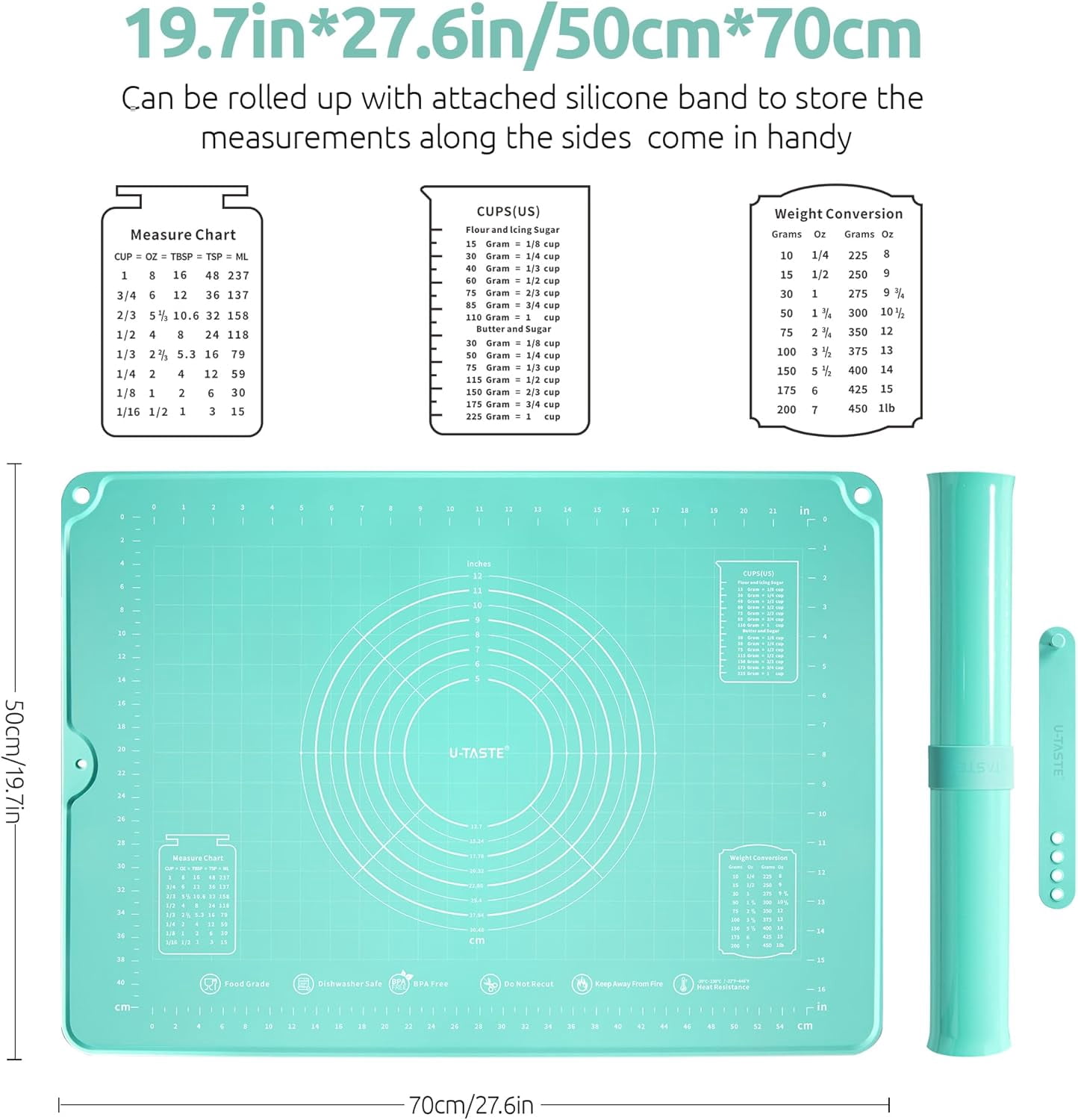 U-Taste Large Silicone Pastry Mat: 20inx16in Food-Grade Non-Stick Dough Rolling Baking Sheet, Non Slip for Kneading Prep Pizza, Fondant, Pie Crust with Clear Measurement and Raised Edges (Aqua Sky)