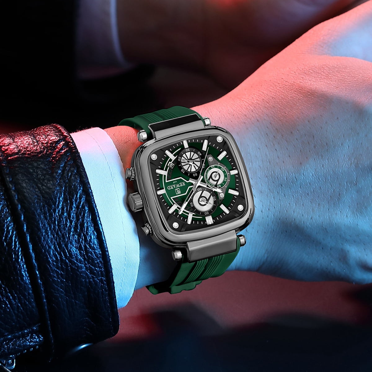 Square Watches for Men  Silicone Chronograph Fashion Sports Watch Luminous Waterproof Casual Wrist Watches Blue Red White