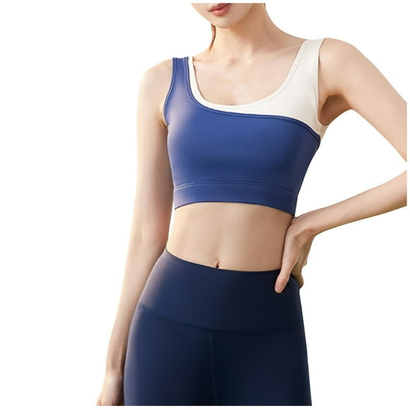 Virmaxy Womens High Impact Sports Bra Color Blocking Fake Two-Piece High Elastic Shock-Absorbing Gathered Sports Bra Blue M