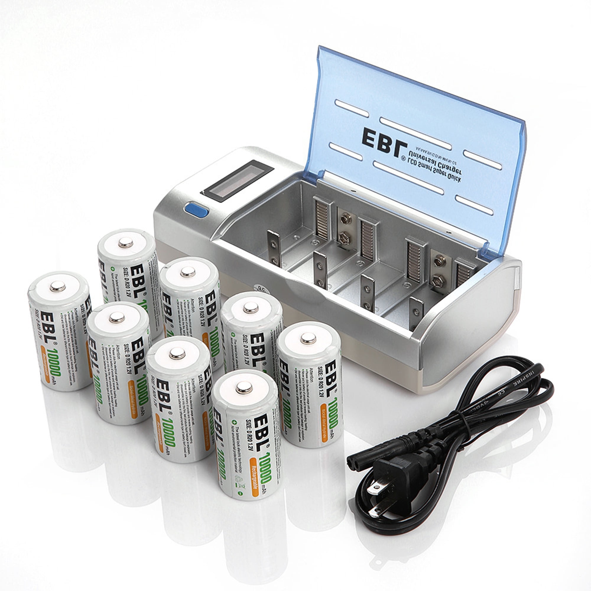 EBL 8-Pack 10000mAh Size D Battery + Battery Charger for 9V C D AA AAA  Ni-MH Ni-CD Rechargeable Batteries 