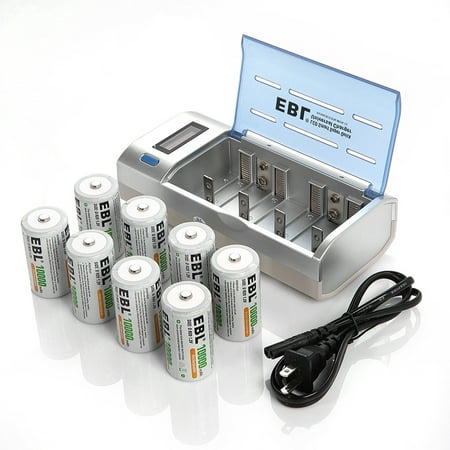 EBL 8-Pack 10000mAh 1.2V Size D Battery + Battery Charger For 9V C D AA AAA Ni-MH Ni-CD Rechargeable