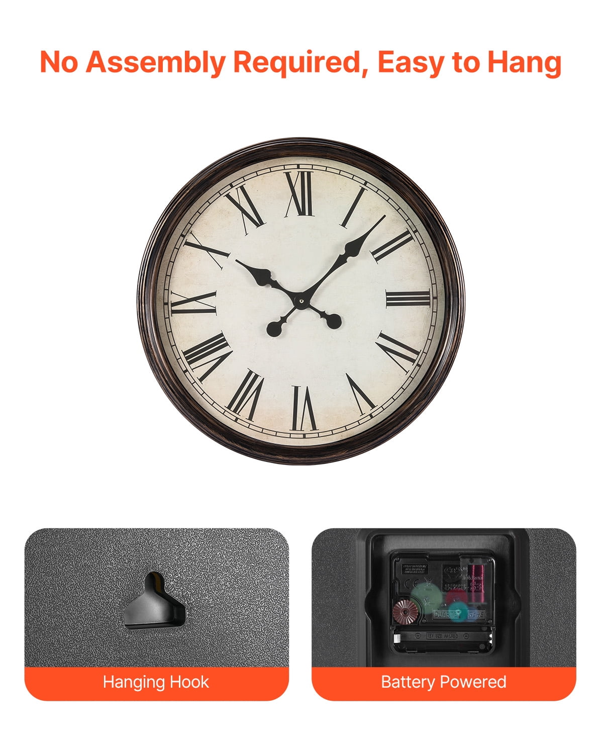 KFFKFF Wall Timepiece, 20-inch Roman Numeral Clock, Battery-Powered Quiet Traditional Decorative Circular Timekeepers, Suitable for Living Space, Bedroom, Office, Kitchen, Dining Area, Homely Decor