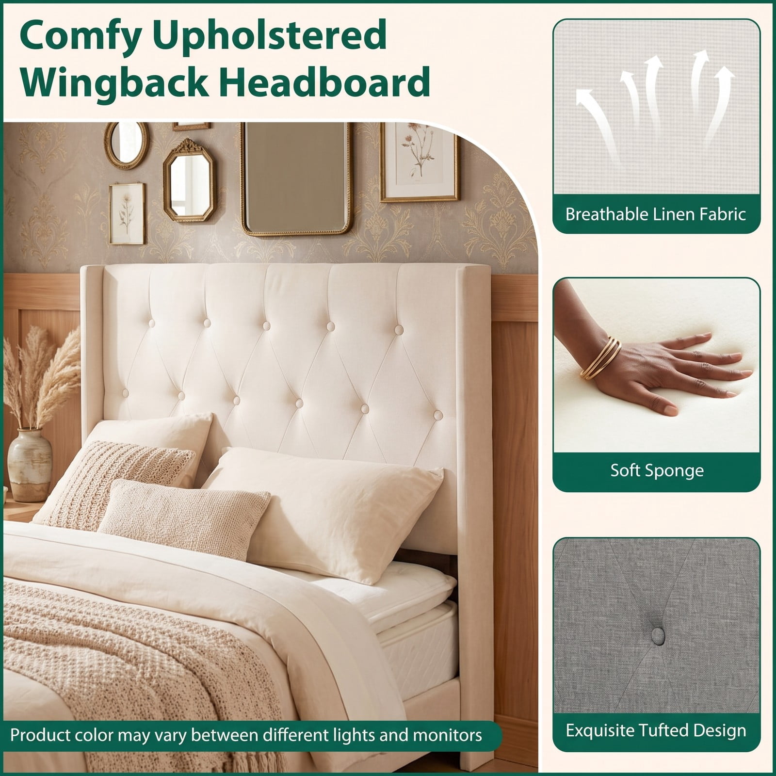 Furnibear Queen Bed Frame with Storage, Lift Up Storage Bed Frame with Tufted Wingback Linen Headboard and Wood Slat Support, Beige
