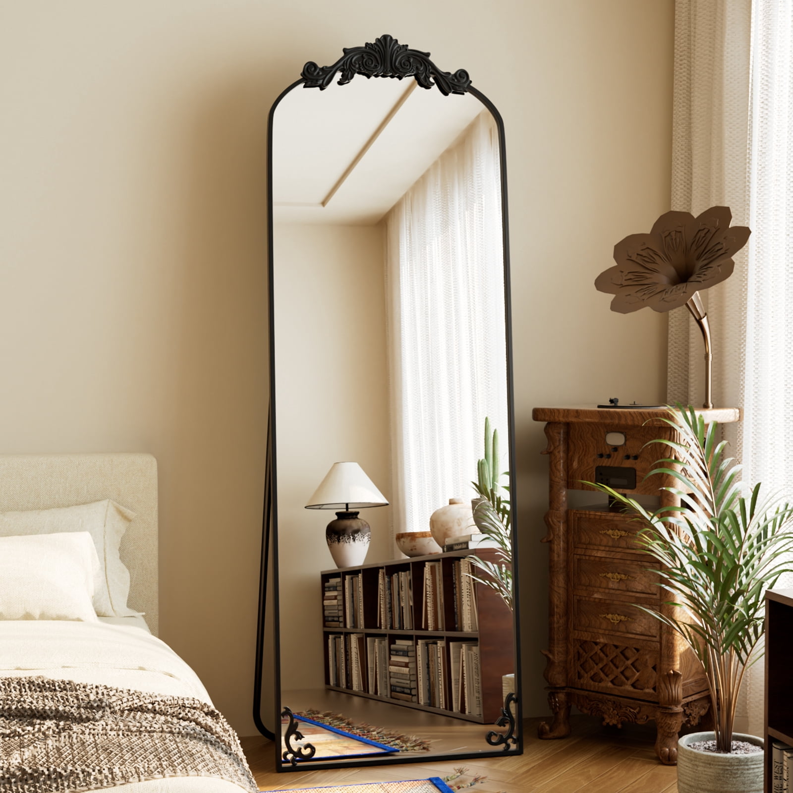 ‌Auromir‌ 21"x64" Vintage Arched Full Length Mirror Antique Metal Floor Mirror with Baroque Style, Black