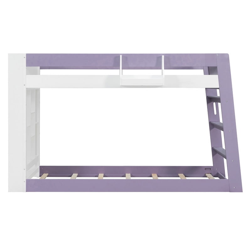 Twin-Over-Twin XL Kids/Teens Bunk Bed with Open Shelves & Guardrail, Accent Two-Tone Wood Storage Bed Frame with Bedside Rack