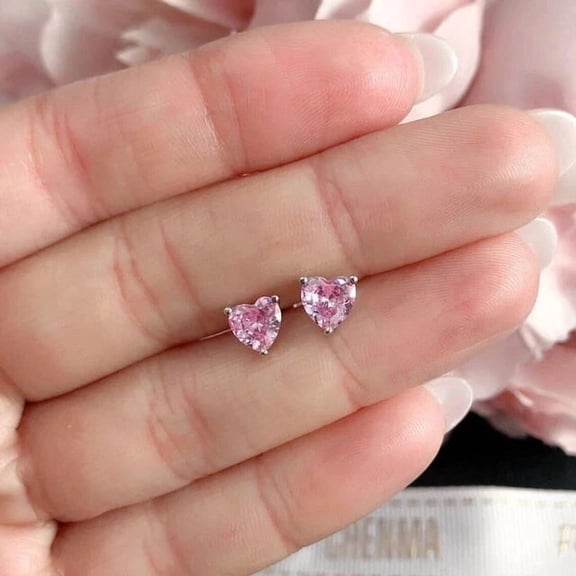 2 ct Heart Cut Lab Created Pink Sapphire Push Back Solitaire Stud Earrings 14k White Gold Plated