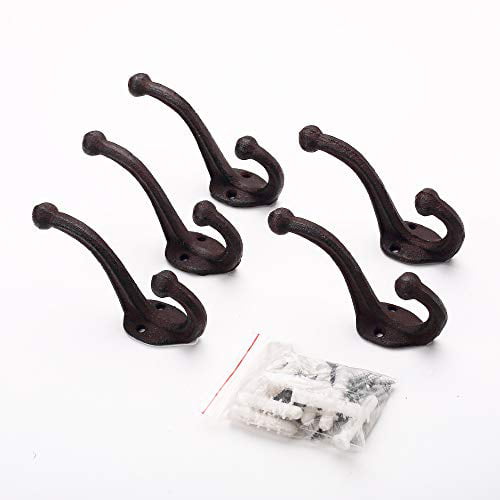 Set of 2 H-112 5 inch Farmhouse Entryway Coat Hat Wall Hooks Hammered Look Cast Iron 2