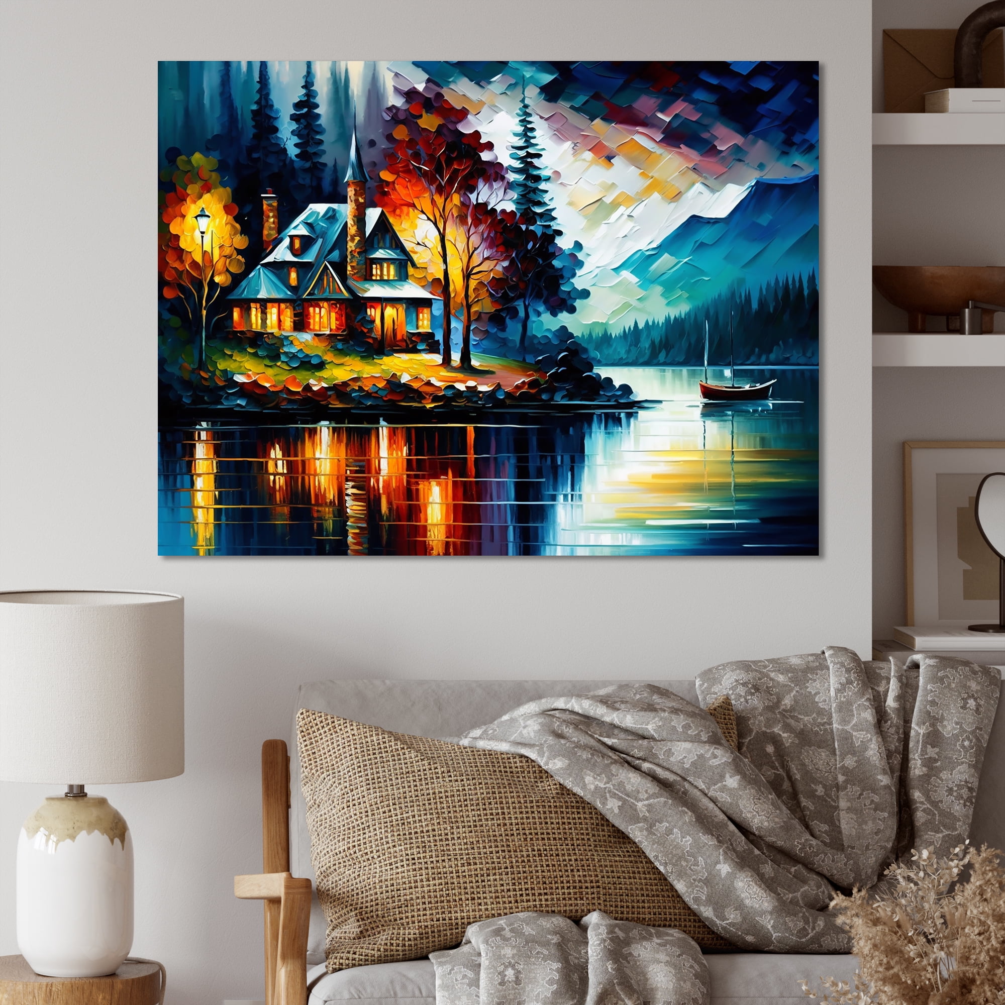 Designart Colorful Lakehouse By The Lake IV Canvas Wall Art