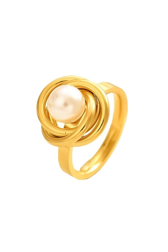 Women's Stainless Steel Vintage Elegant Dainty Threaded Flower Pearl Ring Gold Size 8