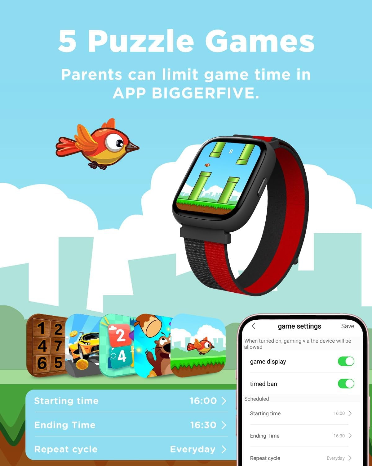 BIGGERFIVE Smart Watch for Kids, 1.8" Fitness Tracker Watch Pedometer, Sleep Monitor, IP68 Waterproof, Calorie Step Counter, Puzzle Game with/Without APP for Girls Teens 5-16,