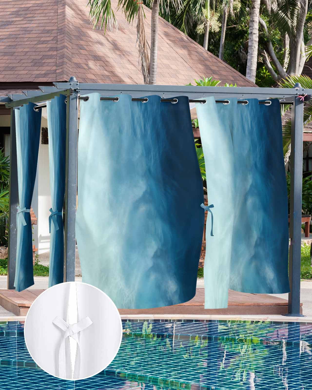 Blue Ombre Outdoor Curtains for Patio, Coastal Beach Modern Abstract Art Privacy Drapes Grommet Waterproof Outside Curtains for Porch/Cabana/Balcony 54"x 108", 2 Panel