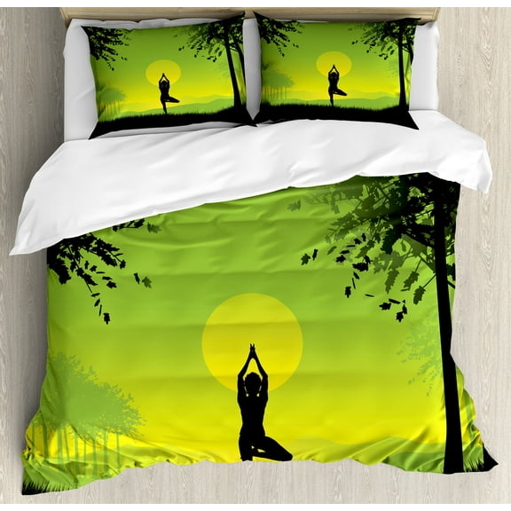 Yoga Duvet Cover Set, Meditating Lady Under Sunset Sky in Forest Serenity Balance Soul Nature Art, Decorative 3 Piece Bedding Set with 2 Pillow Shams, King Size, Green Black Yellow, by Ambesonne