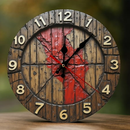 Wall Clock Decorative - Retro Red Wood Grain Print 2D Vintage Wall Clocks Battery Operated Silent Non-Ticking for Bedroom, Living Room, Kitchen, Office, Classroom, 10 Inch