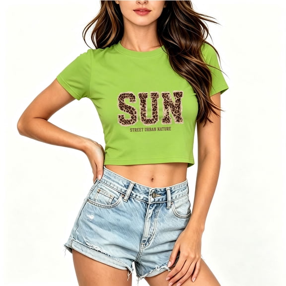 Women's Summer Cropped T Shirts Leopard Sun Graphic Print tees Short Sleeve Casual Crop Tops