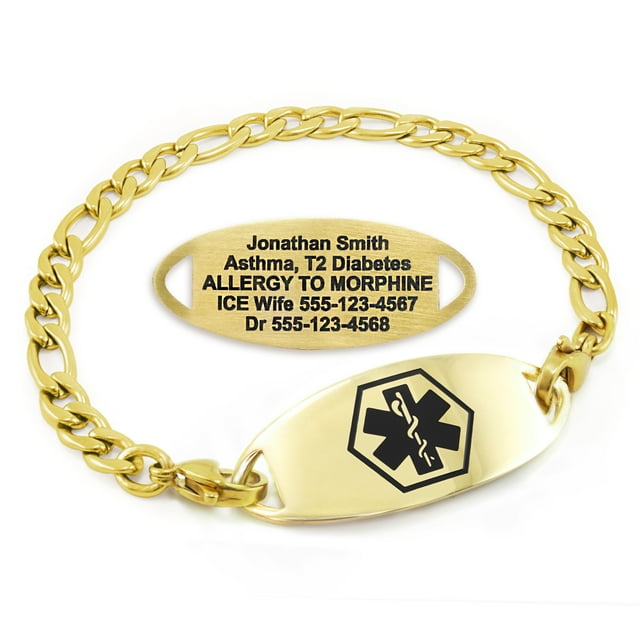 MedicEngraved Yellow Gold Stainless Steel Custom Medical Alert Bracelet - 5mm Figaro Link