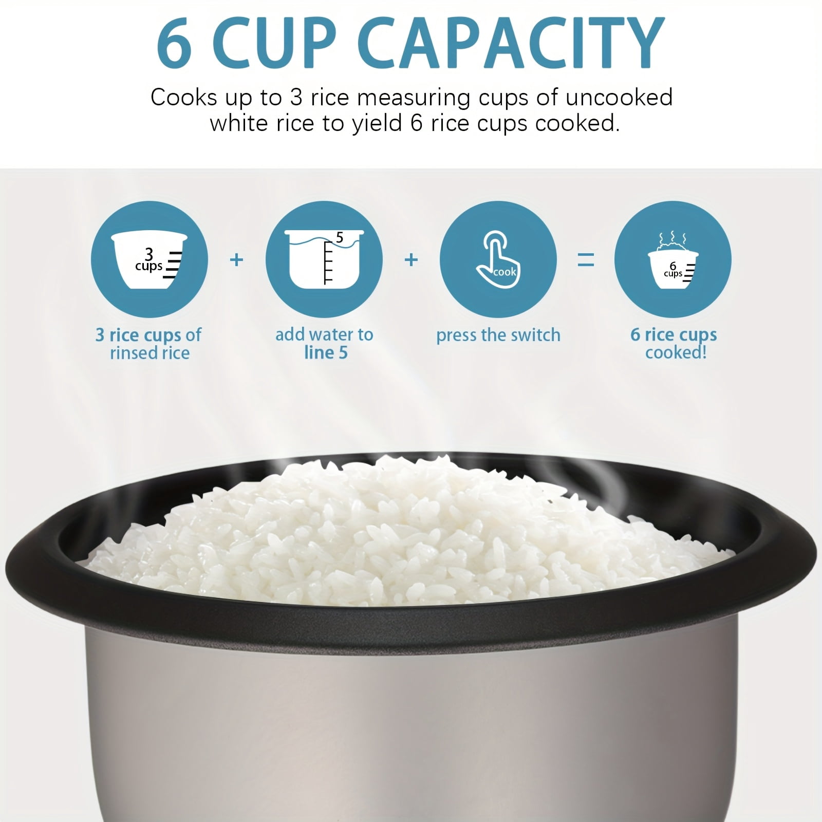 [6-Cup Rice Cooker] 6-Cup Rice Cooker | Detachable Nonstick Pot | Yogurt Maker, Automatic Keep Warm, 1.5 Quarts, 3 Cups Uncooked, One-Touch Operation