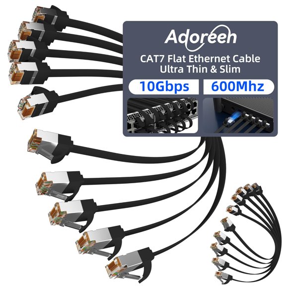 shiyou-Cat 7 Flat Ethernet Cable 0.6 Ft/10 Pack, High-Speed Shielded Internet Network Cable with Low Profile&Compact RJ45 Connector, Thin Slim Short Cat 6E 6A Patch Cord,S/FTP,POE,10Gbps 600MHZ,Black